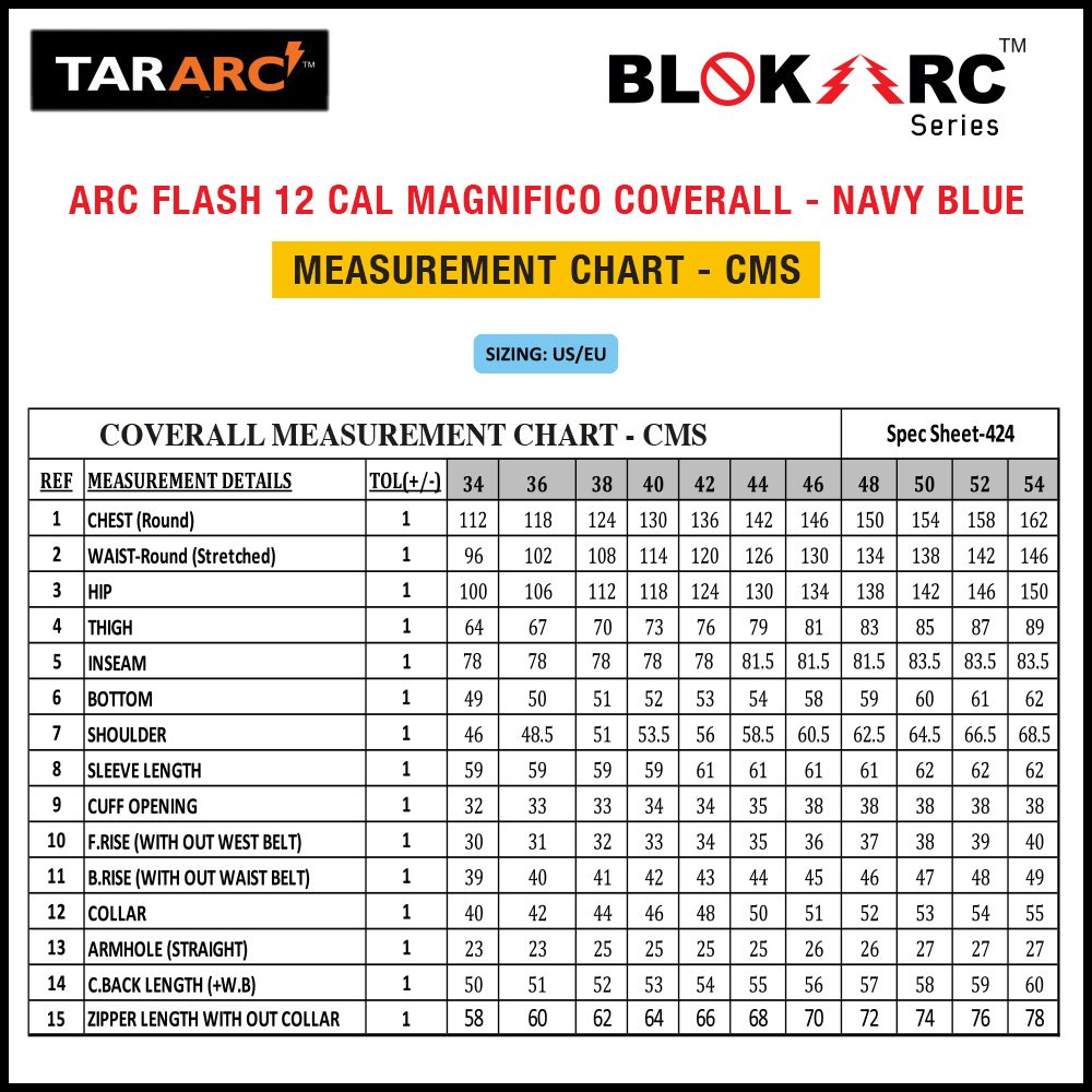 TARARC_MAGNIFICO_BLOKARC_SERIES_ARC_FLASH_12_CAL_COVERALL_MEASUREMENT_CHART_CMS